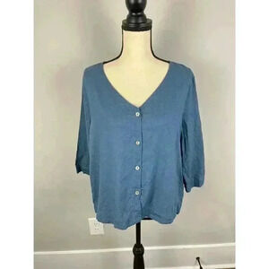 Grae Cove Women's XL Blouse Blue 3/4 Sleeve Button Front Linen Blend Shirt